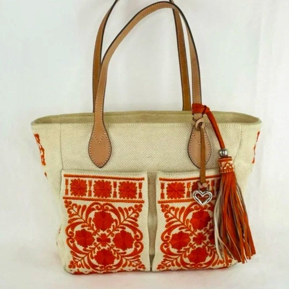 Brighton Coralee Casablanca Tote  Purse Embroidered Orange and cream Handbag